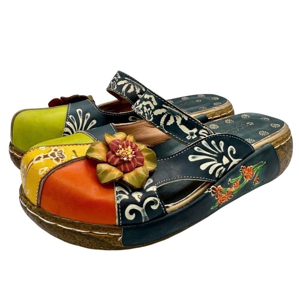 Ecocofy Artisan Leather Floral Clogs EU 40 / US 9-9.5 Hand‎ Painted Boho Shoes